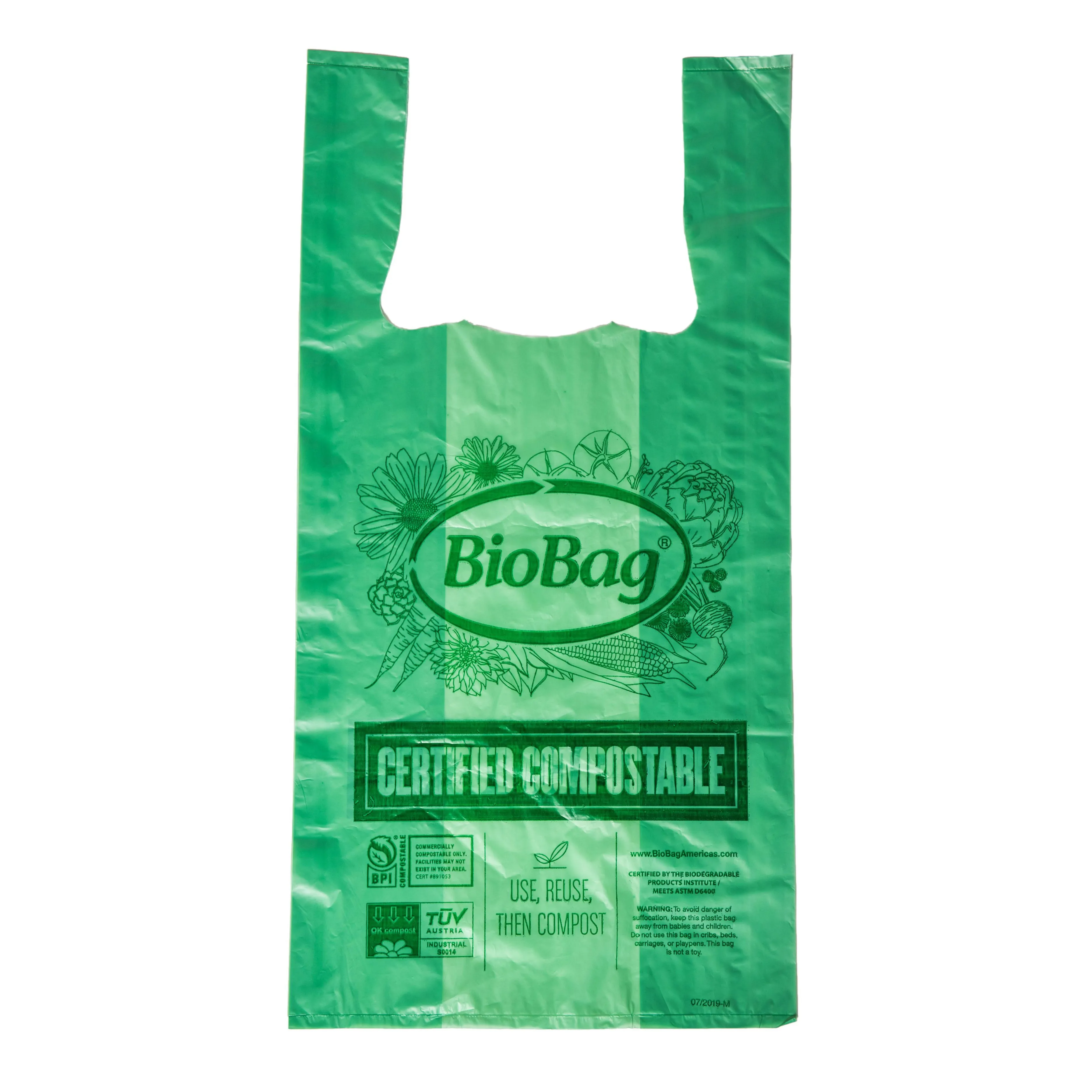 11.4" x 6.3" x 22.8" x 0.96 mil Green Compostable Plastic Grocery Store Checkout Bags with T-Shirt Handle, Side Gussets (500 Bags, 50 Bags/Bundle, 10 Boxes/Case)