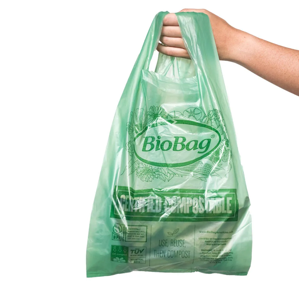 11.4" x 6.3" x 22.8" x 0.96 mil Green Compostable Plastic Grocery Store Checkout Bags with T-Shirt Handle, Side Gussets (500 Bags, 50 Bags/Bundle, 10 Boxes/Case)