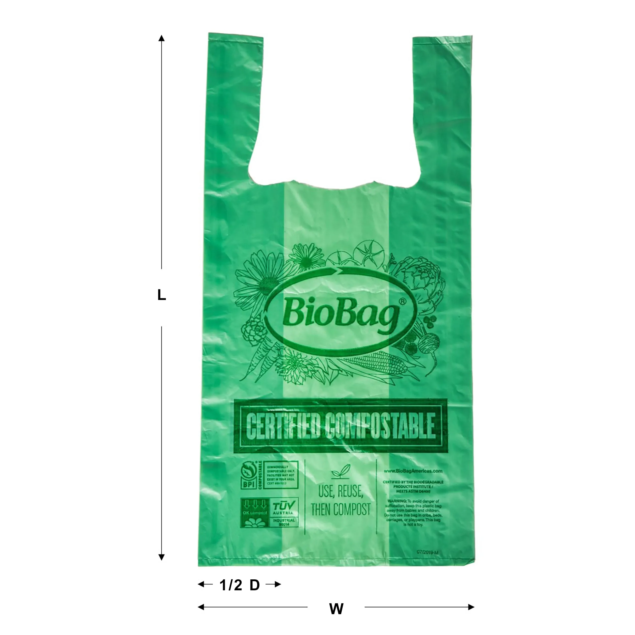 11.4" x 6.3" x 22.8" x 0.96 mil Green Compostable Plastic Grocery Store Checkout Bags with T-Shirt Handle, Side Gussets (500 Bags, 50 Bags/Bundle, 10 Boxes/Case)