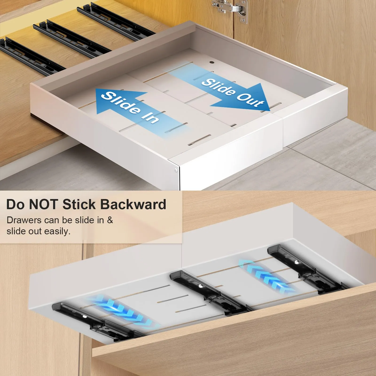 2-Pack Expandable Pull Out Cabinet Organizer, 53cm Depth Pull Out Cabinet Organizer for Kitchen Cabinets, Adjustable Adhesive Drawers for Bathroom, Bedroom, Pantry(NOT for Cabinets with Lips/Frame)
