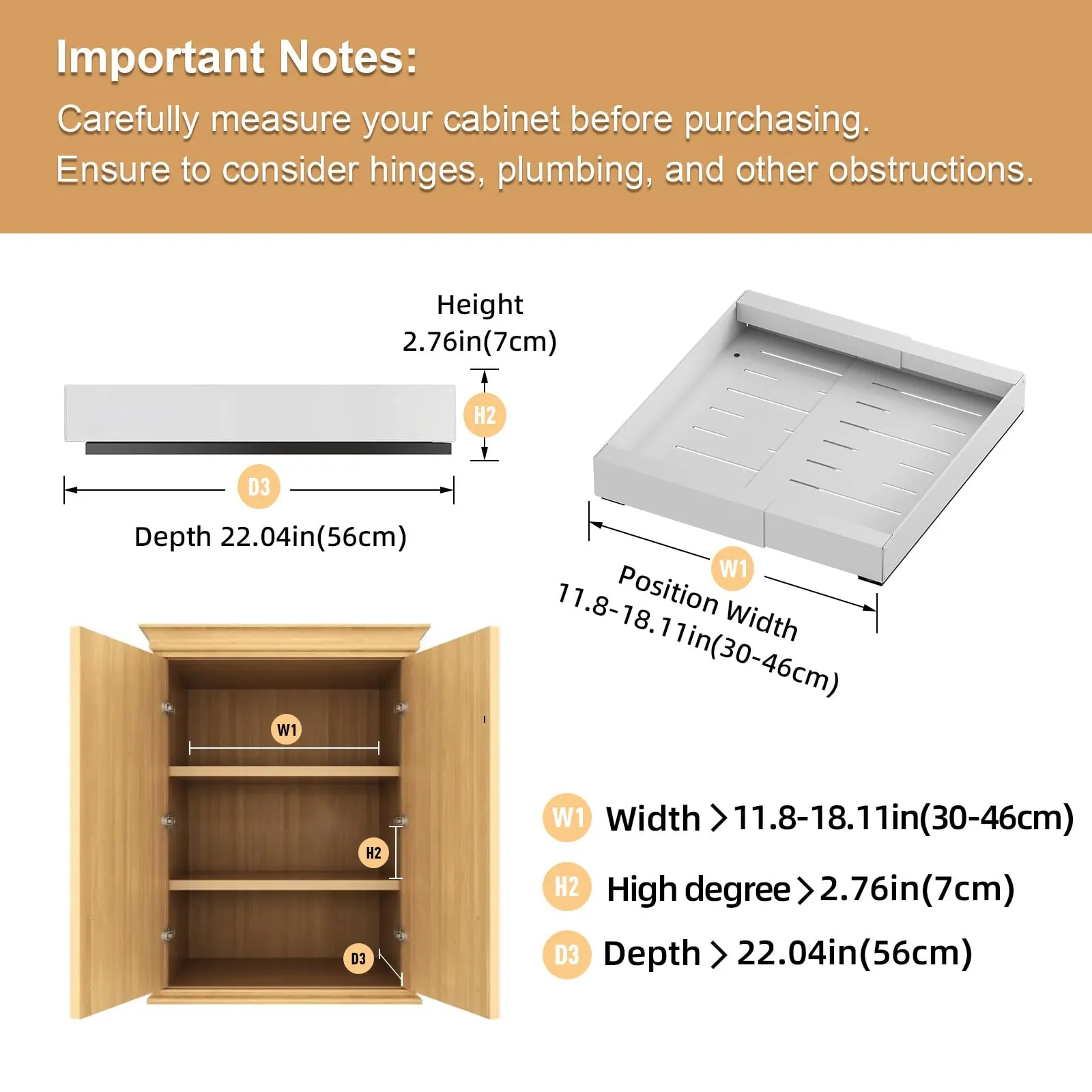 2-Pack Expandable Pull Out Cabinet Organizer, 53cm Depth Pull Out Cabinet Organizer for Kitchen Cabinets, Adjustable Adhesive Drawers for Bathroom, Bedroom, Pantry(NOT for Cabinets with Lips/Frame)