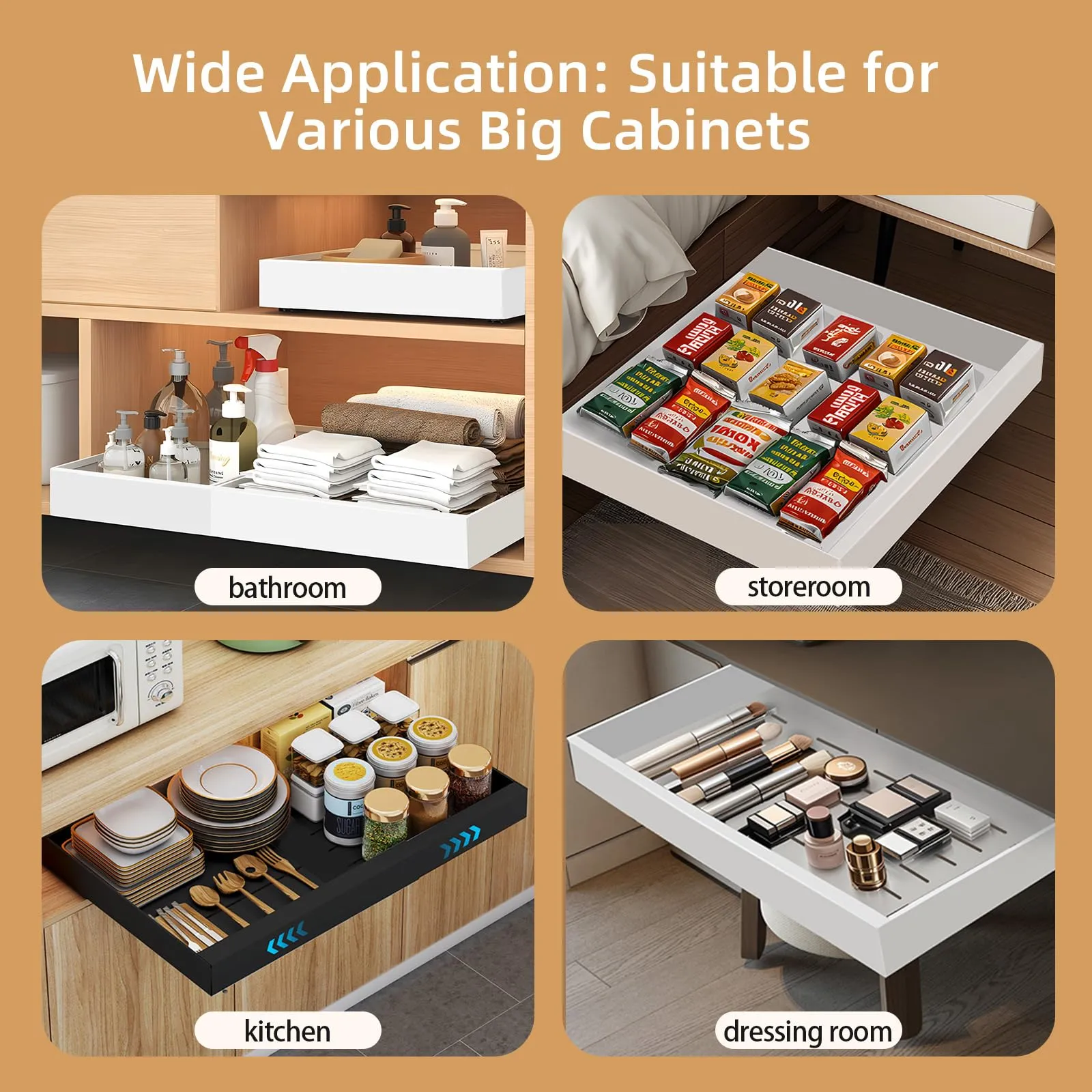 2-Pack Expandable Pull Out Cabinet Organizer, 53cm Depth Pull Out Cabinet Organizer for Kitchen Cabinets, Adjustable Adhesive Drawers for Bathroom, Bedroom, Pantry(NOT for Cabinets with Lips/Frame)