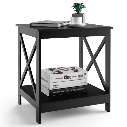 2-Tier Side Table with X-shape Design and 4 Solid Legs-Dark Brown