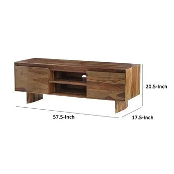 58 Inch TV Media Entertainment Cabinet, 2 Door 1 Shelf, Sheesham Wood Brown By Casagear Home