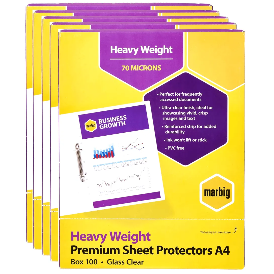 5x Marbig Sheet Protectors Heavyweight A4 Box 100 Bulk