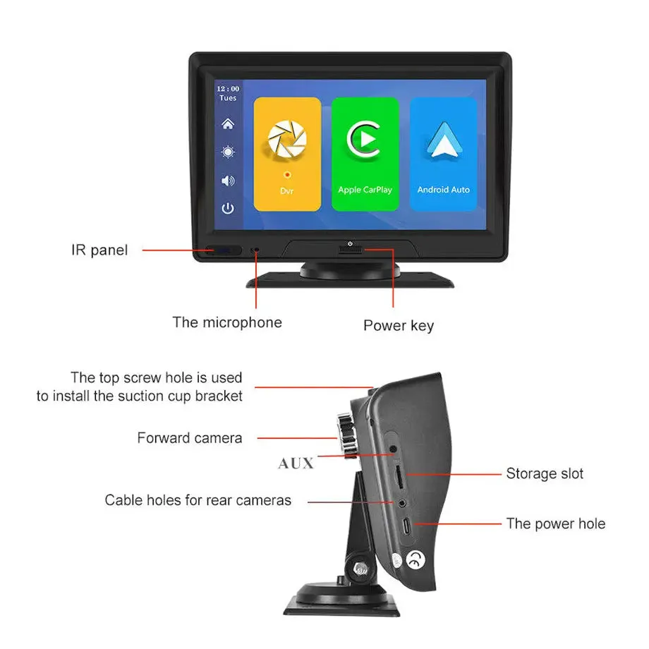 7 Inch 2-Way DVR Camera Screen With Apple Carplay & Android Auto