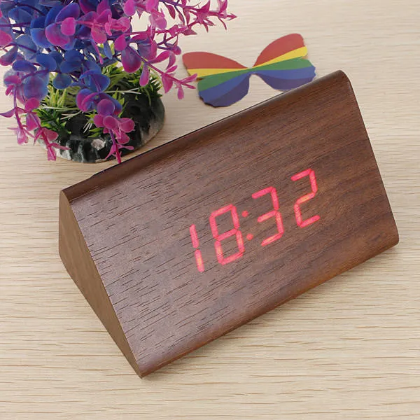 Bamboo Wood Triangular Green LED Alarm Digital Desk Clock Wooden Thermometer
