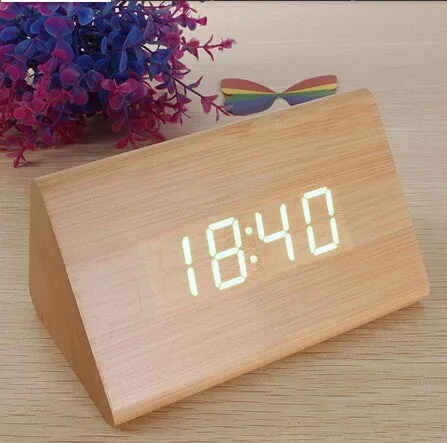Bamboo Wood Triangular Green LED Alarm Digital Desk Clock Wooden Thermometer