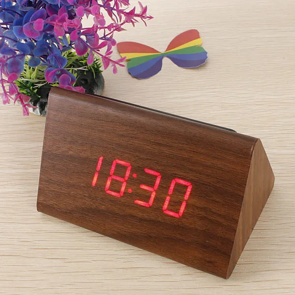 Bamboo Wood Triangular Green LED Alarm Digital Desk Clock Wooden Thermometer