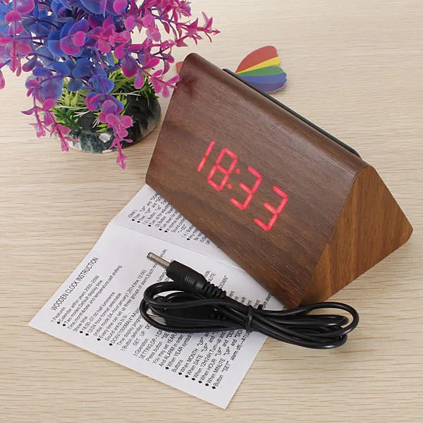 Bamboo Wood Triangular Green LED Alarm Digital Desk Clock Wooden Thermometer