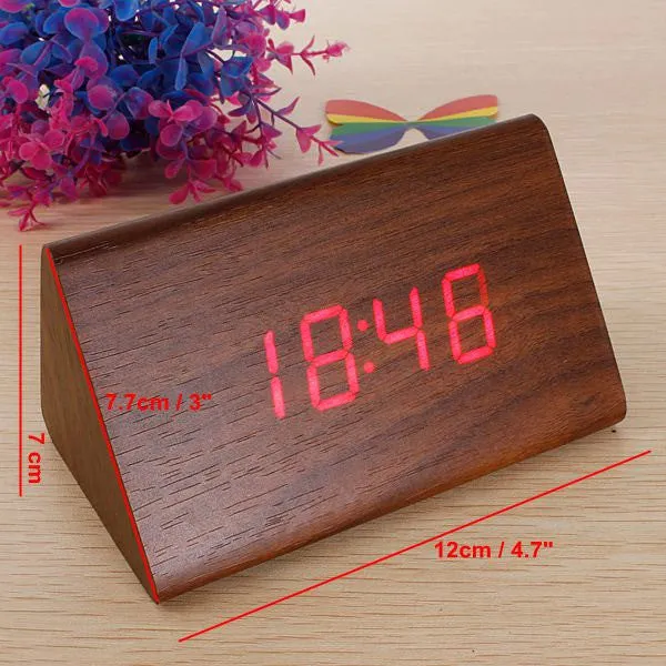 Bamboo Wood Triangular Green LED Alarm Digital Desk Clock Wooden Thermometer