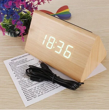 Bamboo Wood Triangular Green LED Alarm Digital Desk Clock Wooden Thermometer