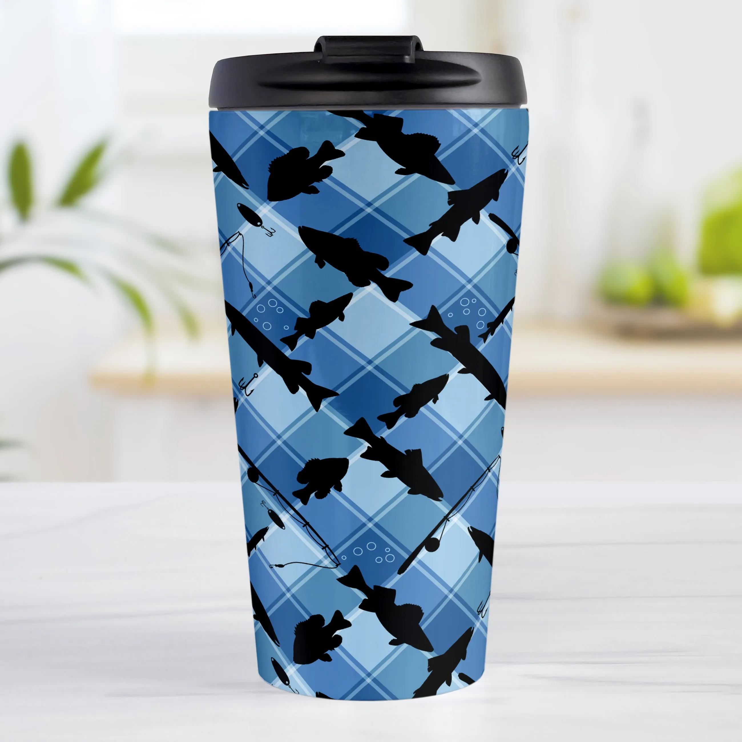 Blue Fishing Plaid Pattern Travel Mug
