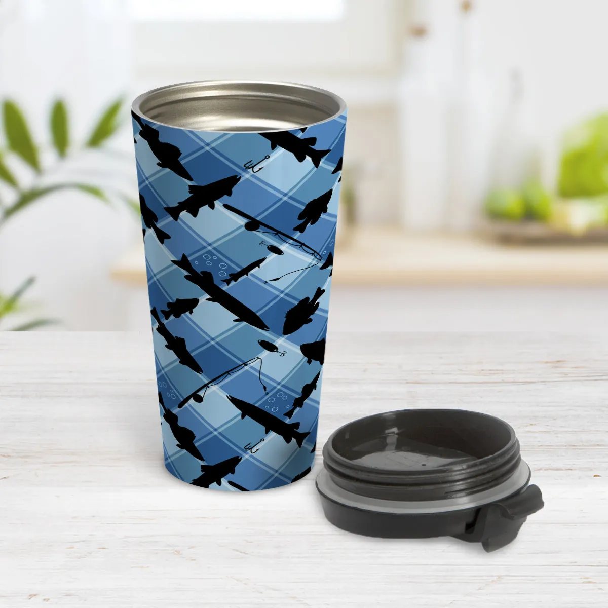 Blue Fishing Plaid Pattern Travel Mug