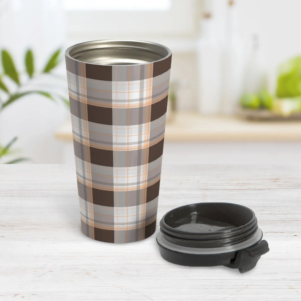Brown Orange Plaid Travel Mug