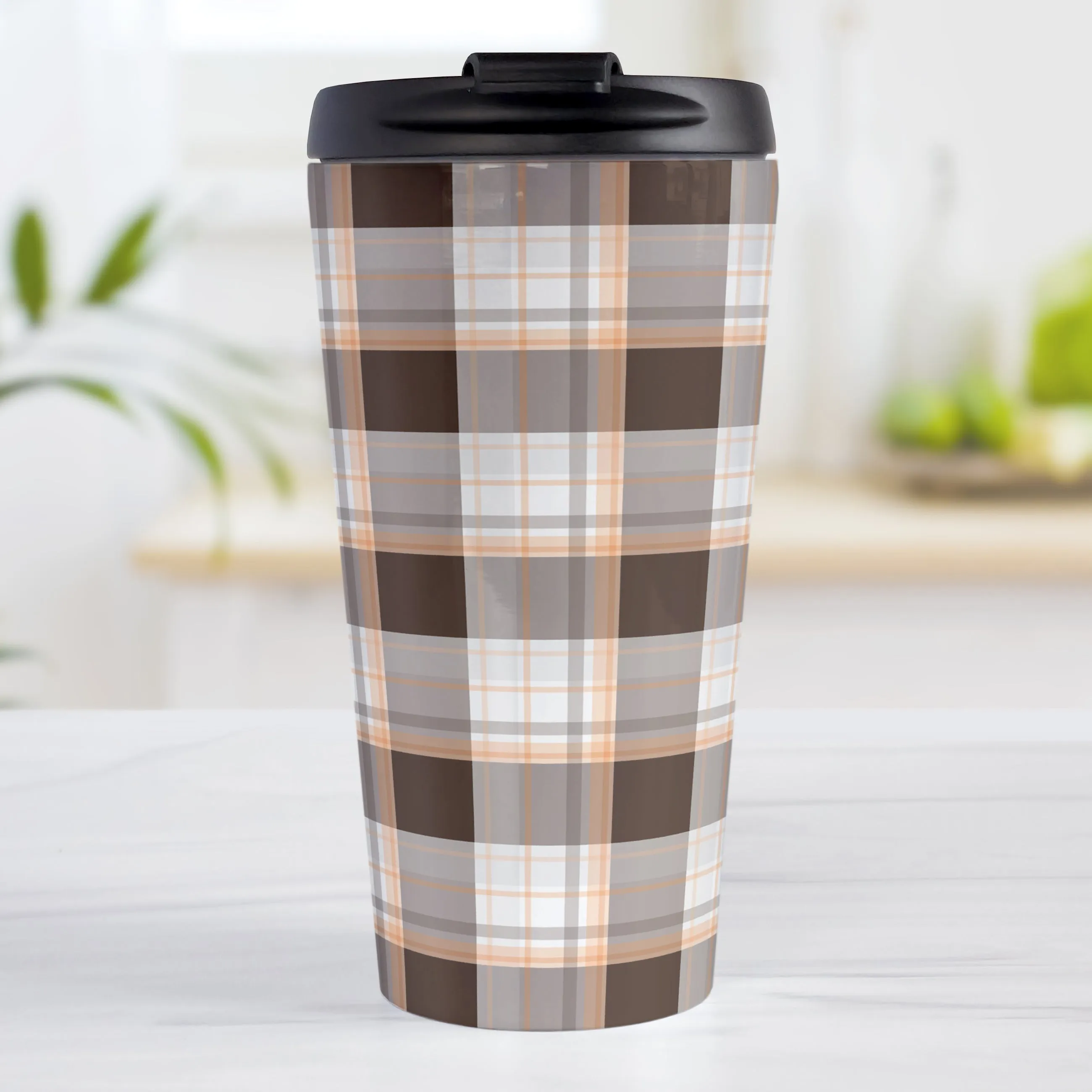 Brown Orange Plaid Travel Mug