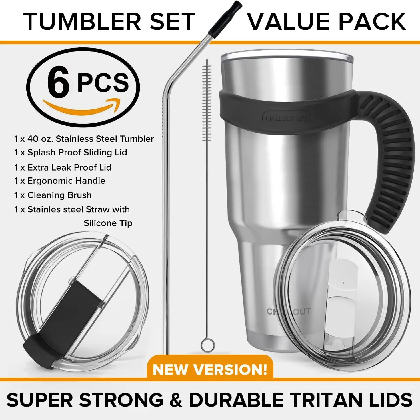 CHILLOUT LIFE Stainless Steel Travel Mug with Handle 40oz - 6 Piece Set. Tumbler with Handle, Straw, Cleaning Brush & 2 Lids