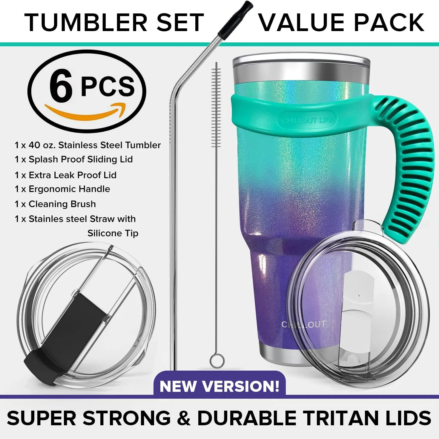 CHILLOUT LIFE Stainless Steel Travel Mug with Handle 40oz - 6 Piece Set. Tumbler with Handle, Straw, Cleaning Brush & 2 Lids