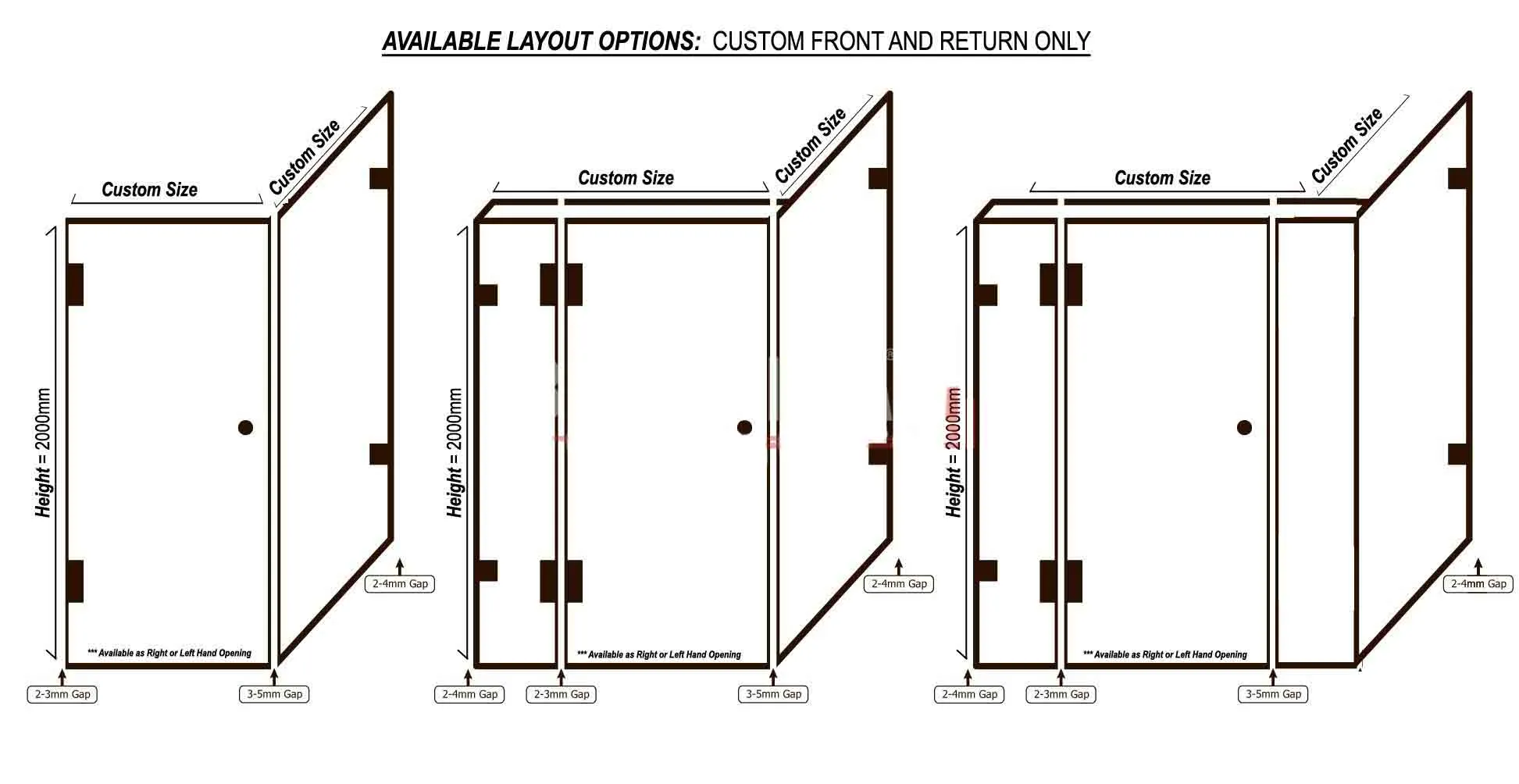 Custom Fully Frameless Shower Screen Front and Return - 600mm-2400mm Width - 2000mm Height