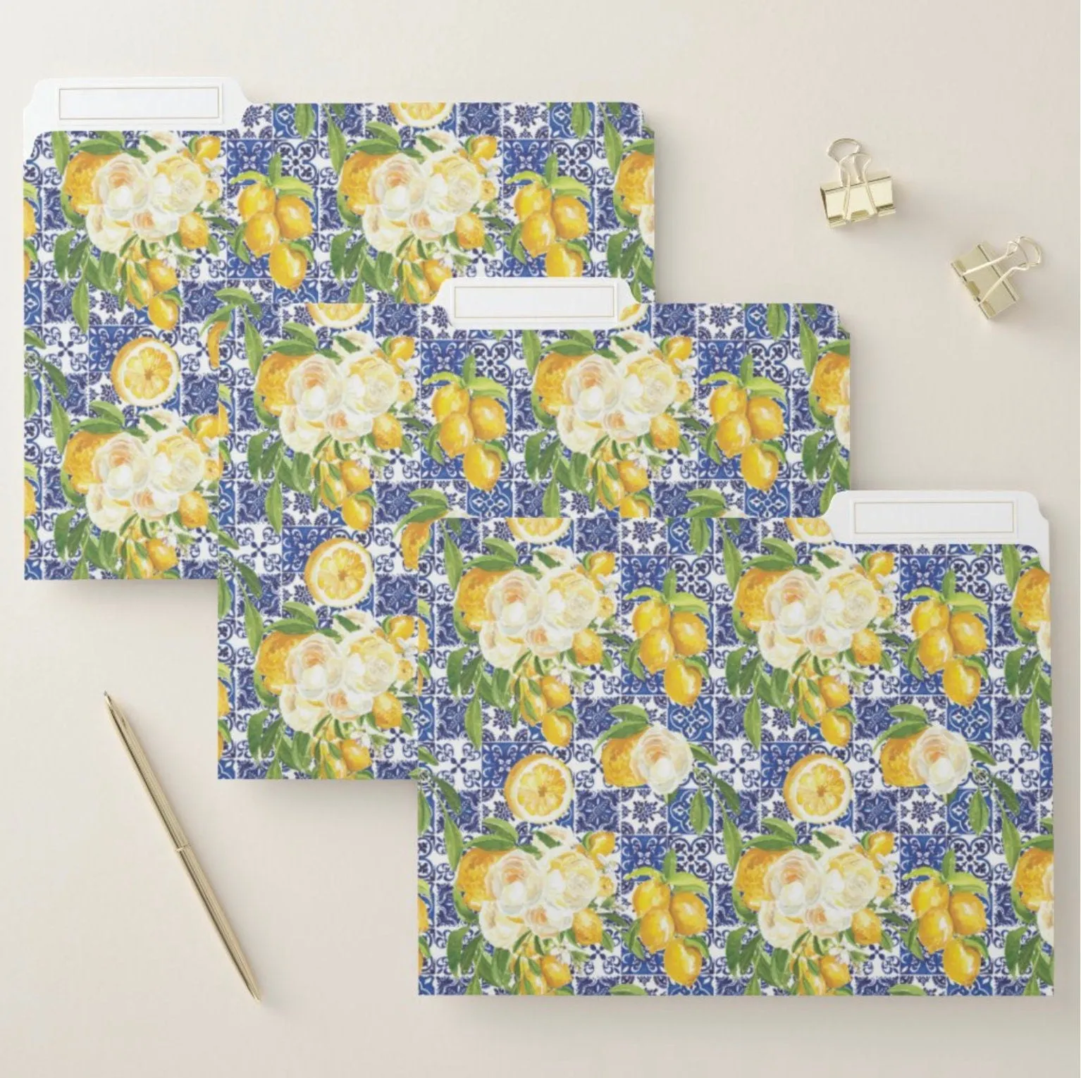 File Folder, floral pattern, lemons, lemon, organization, small business, personal organization, yellow, blue, watercolor flowers, feminine