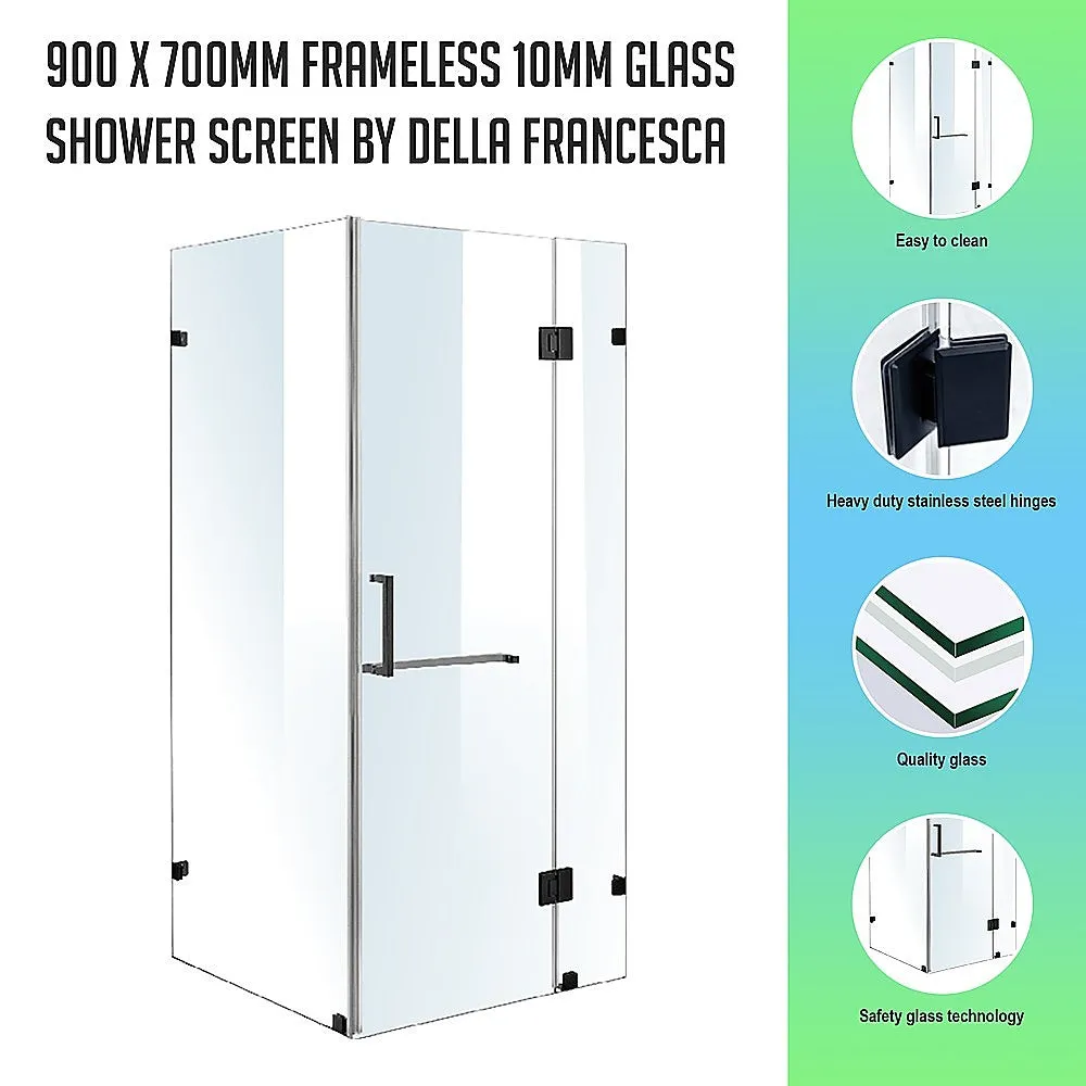 Frameless 10mm Glass Shower Screen, 900x700mm, Black Hardware