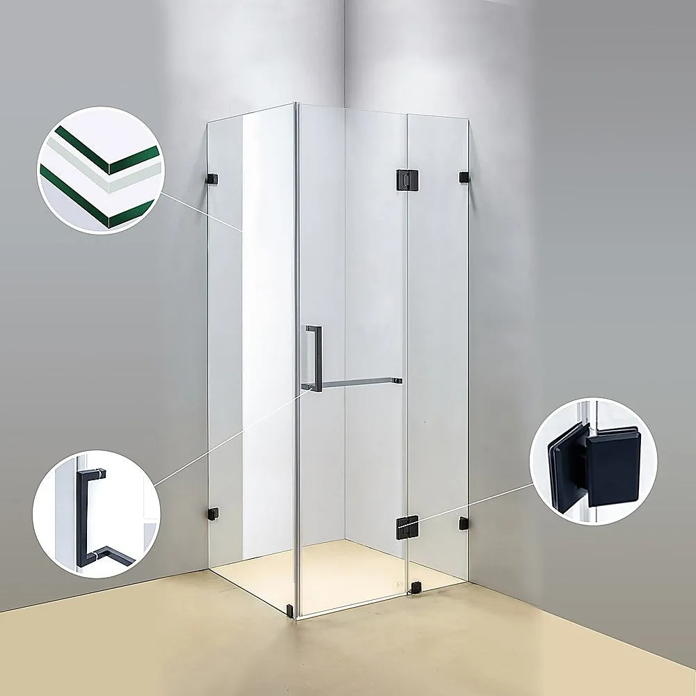 Frameless 10mm Glass Shower Screen, 900x700mm, Black Hardware