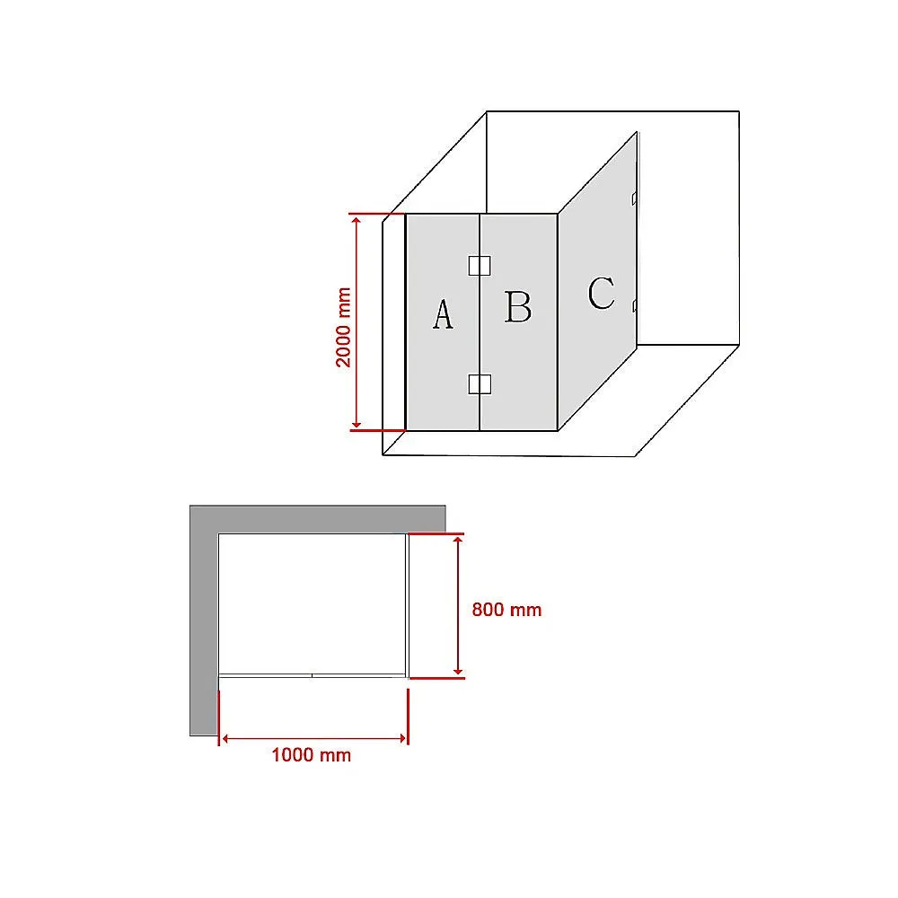 Frameless 10mm Glass Shower Screen, Black Hardware, 100x80cm