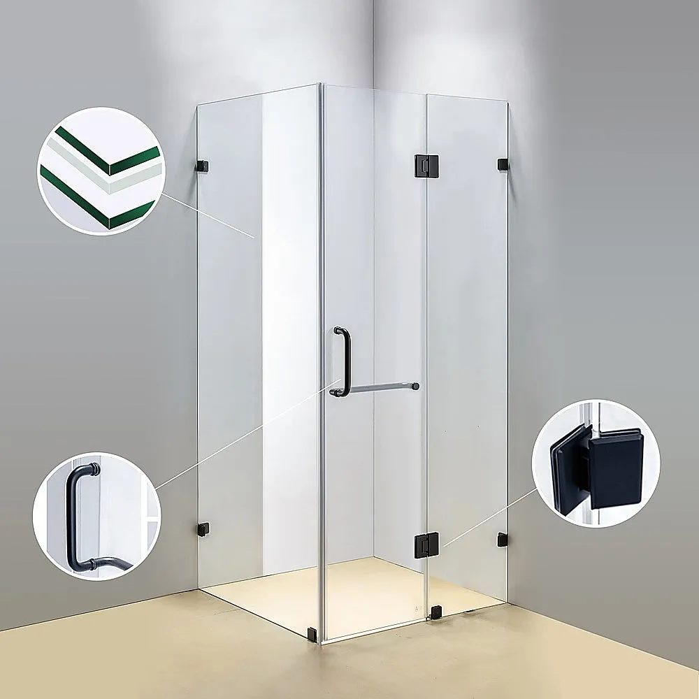 Frameless 10mm Glass Shower Screen, Black Hardware, 110x100cm