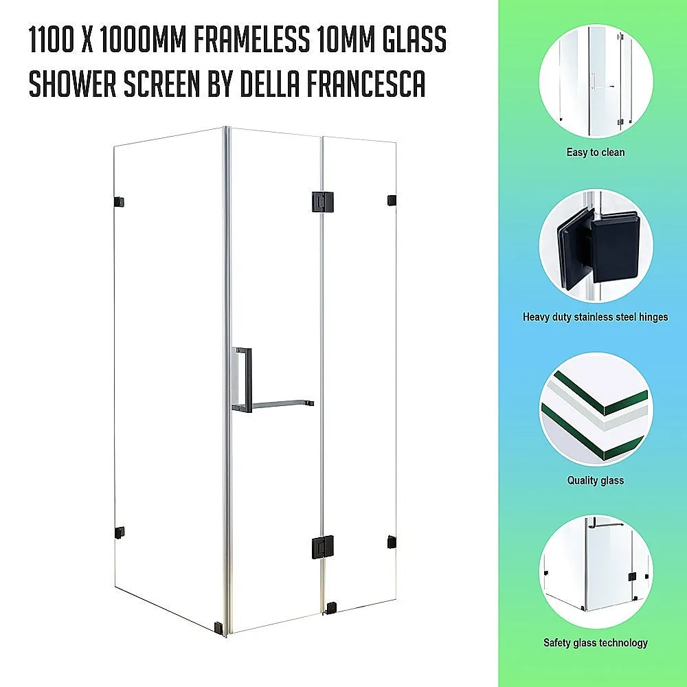 Frameless 10mm Glass Shower Screen, Black Hardware, 110x100cm