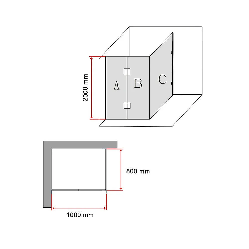Frameless Glass Shower Screen 1000x800mm, 10mm Safety Glass, Black Hardware
