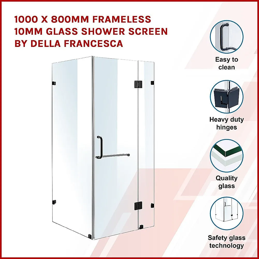Frameless Glass Shower Screen 1000x800mm, 10mm Safety Glass, Black Hardware