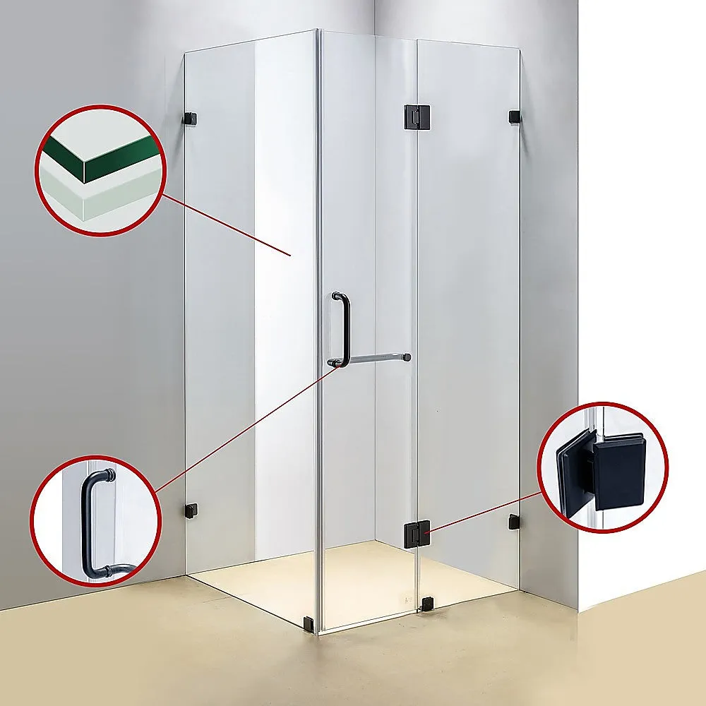Frameless Glass Shower Screen 1000x800mm, 10mm Safety Glass, Black Hardware