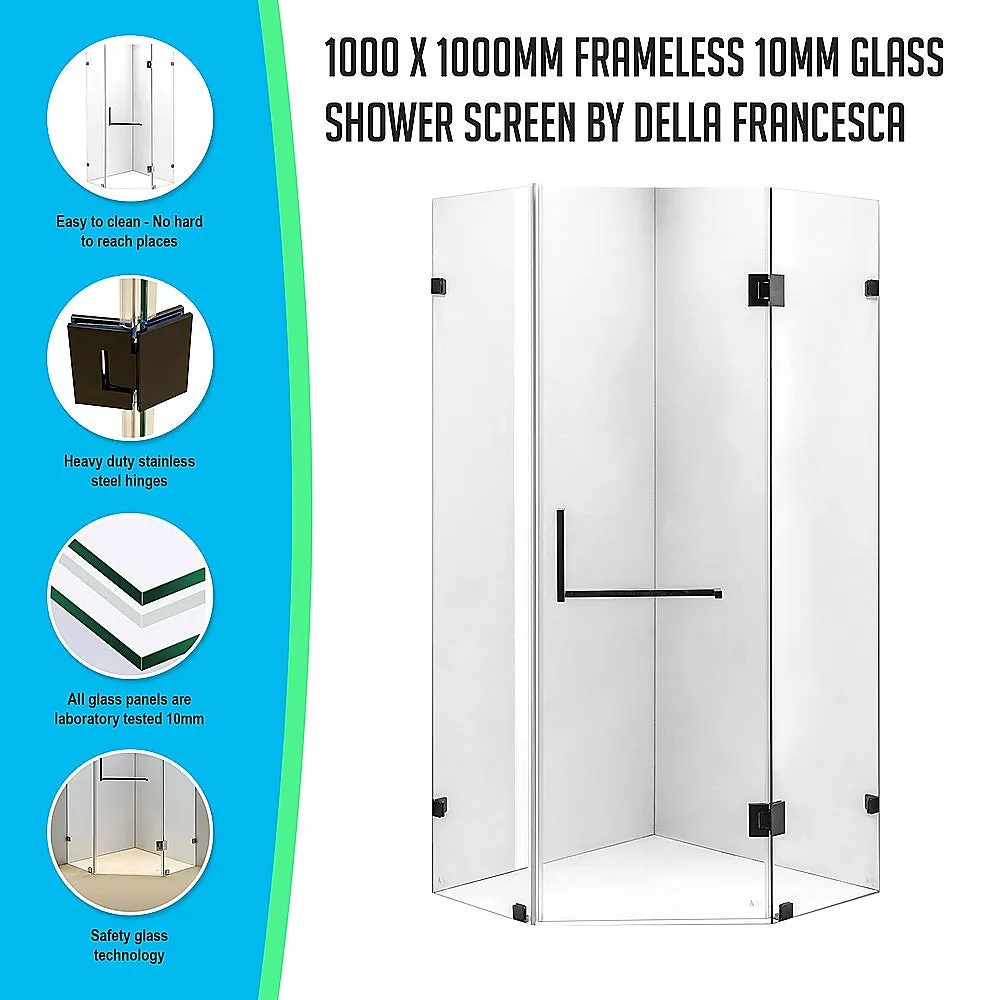 Frameless Glass Shower Screen, 10mm, Stainless Steel, Black - Della Francesca