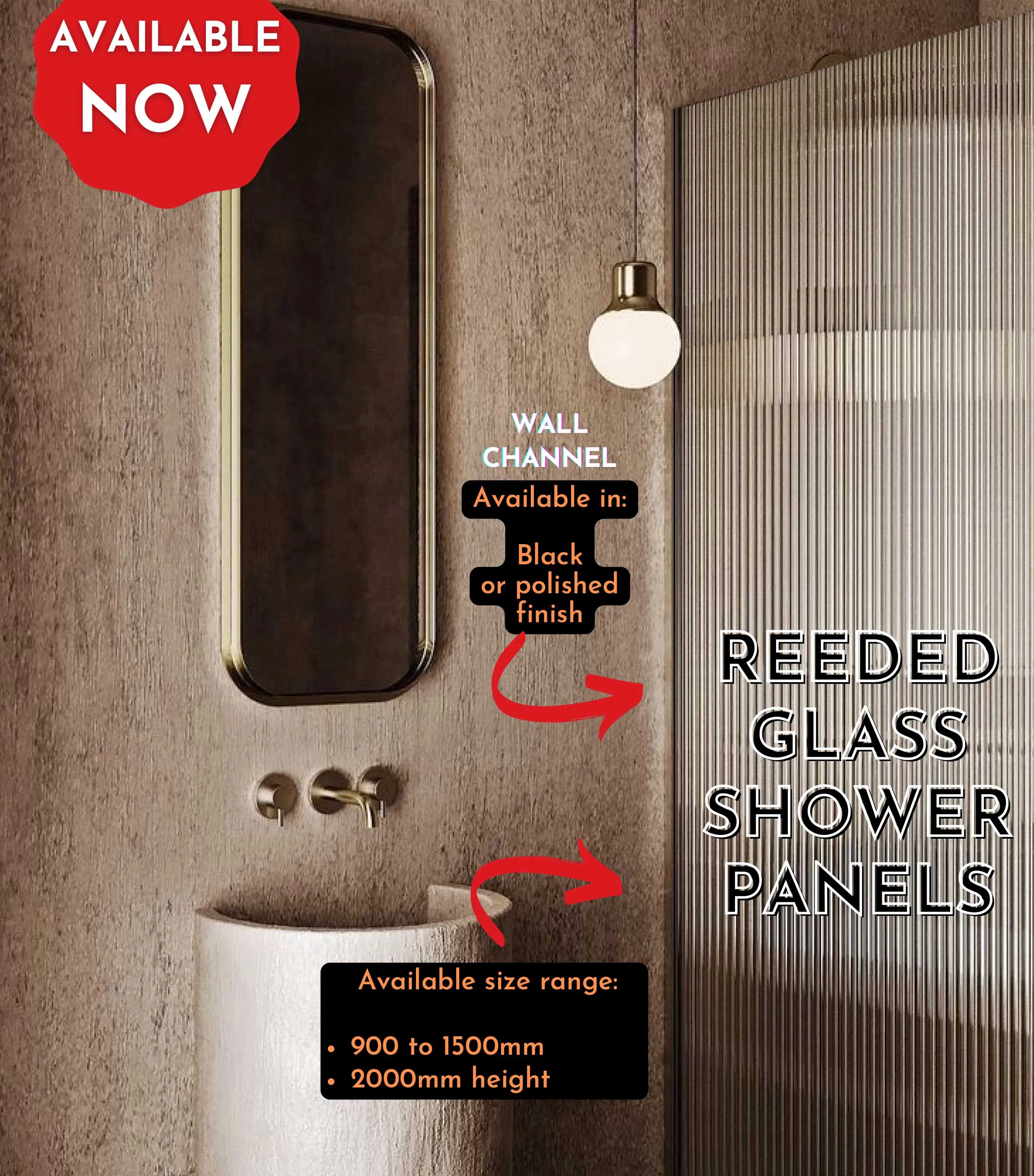 Fully Frameless - Walk in Shower Screen Reeded Glass Fixed Panel - Multiple Sizes