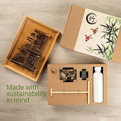 Japanese Zen Garden Kit for Desk 11x7.5 Inches Large Bamboo Tray White Sand