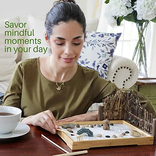 Japanese Zen Garden Kit for Desk 11x7.5 Inches Large Bamboo Tray White Sand
