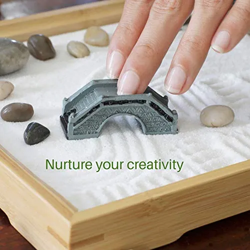 Japanese Zen Garden Kit for Desk 11x7.5 Inches Large Bamboo Tray White Sand