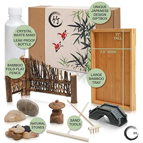 Japanese Zen Garden Kit for Desk 11x7.5 Inches Large Bamboo Tray White Sand