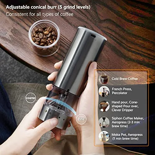 Jocuu Electric Coffee Grinder with 5 Adjustable Levels, Espresso Coffee Grinder with USB & One-touch Start, Portable Automatic Coffee Grinder for Home, Camping & Picnics, Includes Cleaning Brush