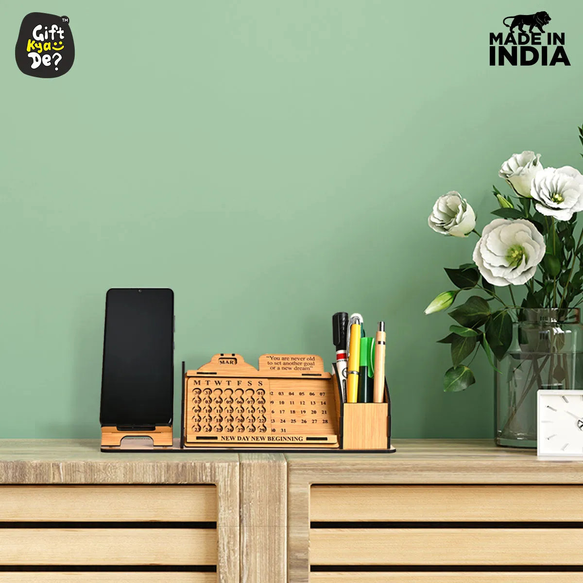 Lifetime Calendar With Desk Organizer and Mobile Stand | Desk Calendar | Mobile Accessories