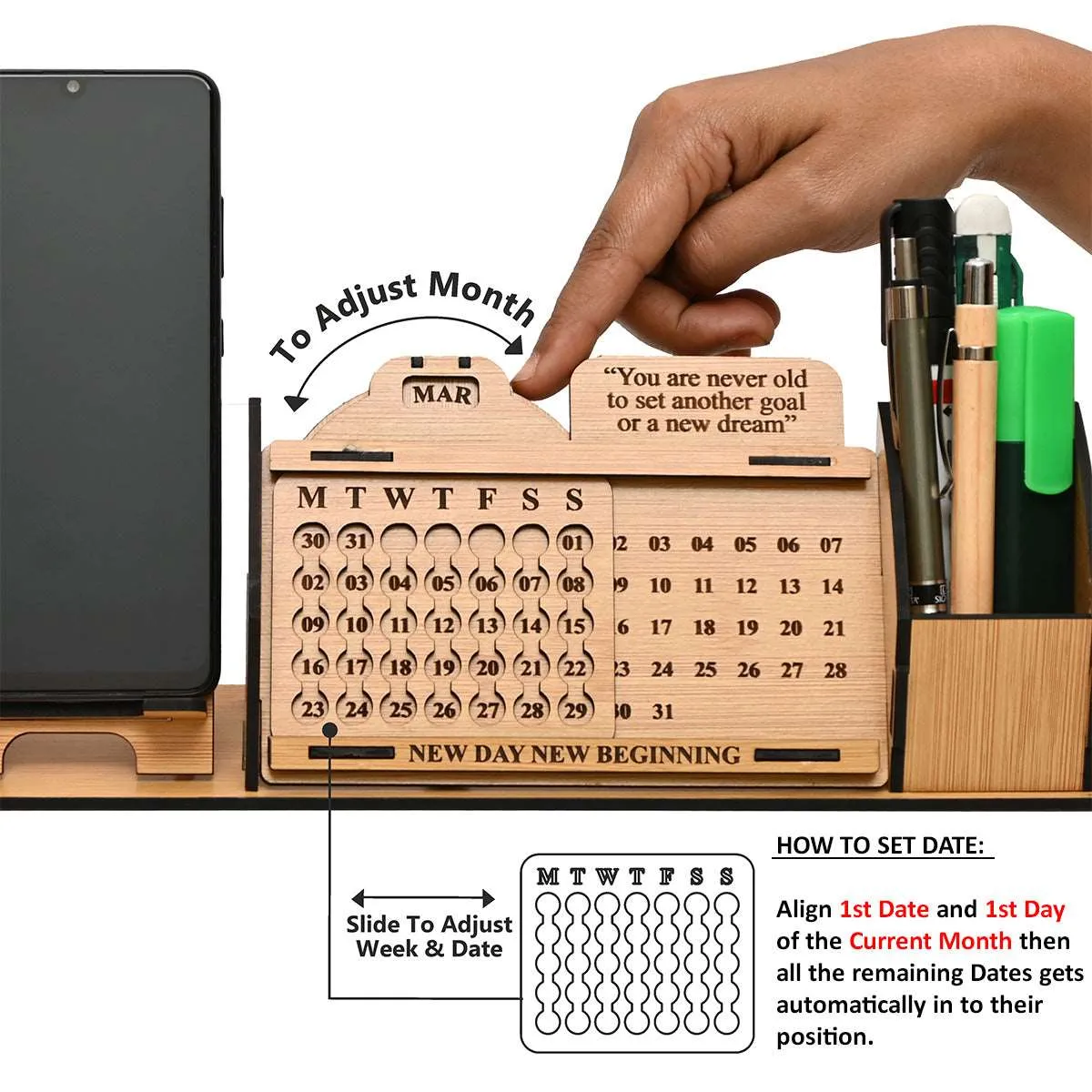 Lifetime Calendar With Desk Organizer and Mobile Stand | Desk Calendar | Mobile Accessories