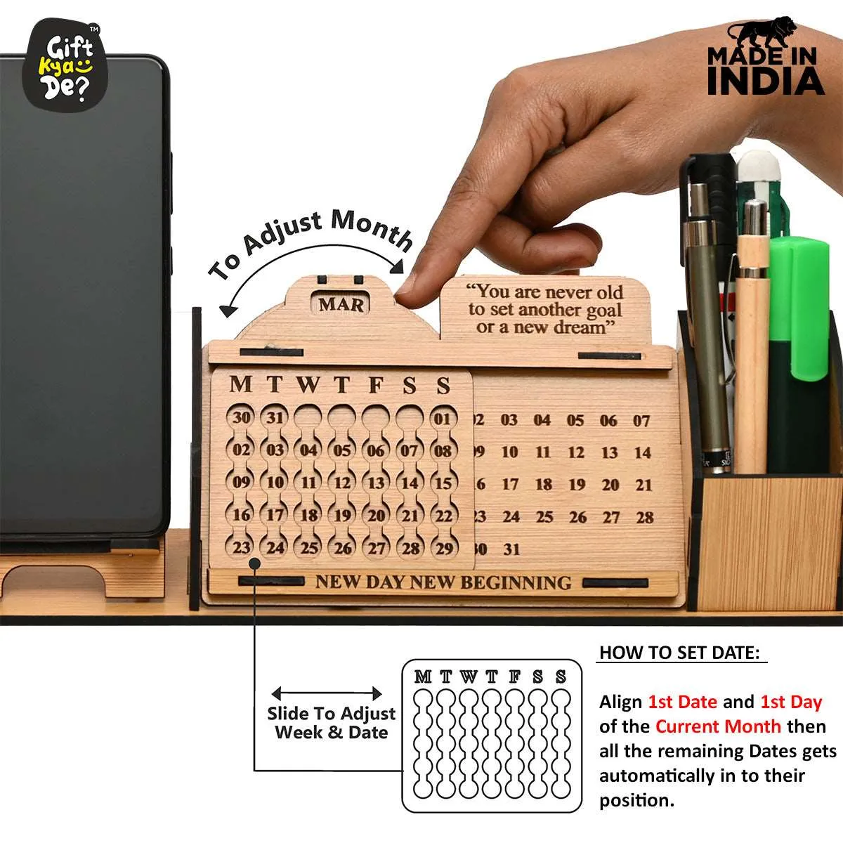 Lifetime Calendar With Desk Organizer and Mobile Stand | Desk Calendar | Mobile Accessories