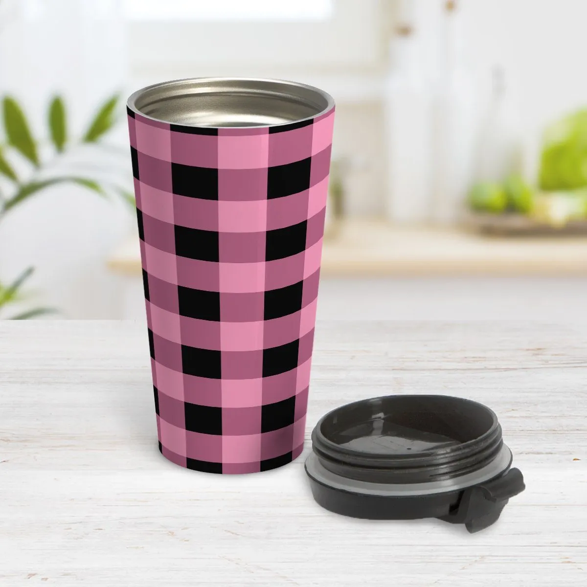 Light Pink and Black Buffalo Plaid Travel Mug