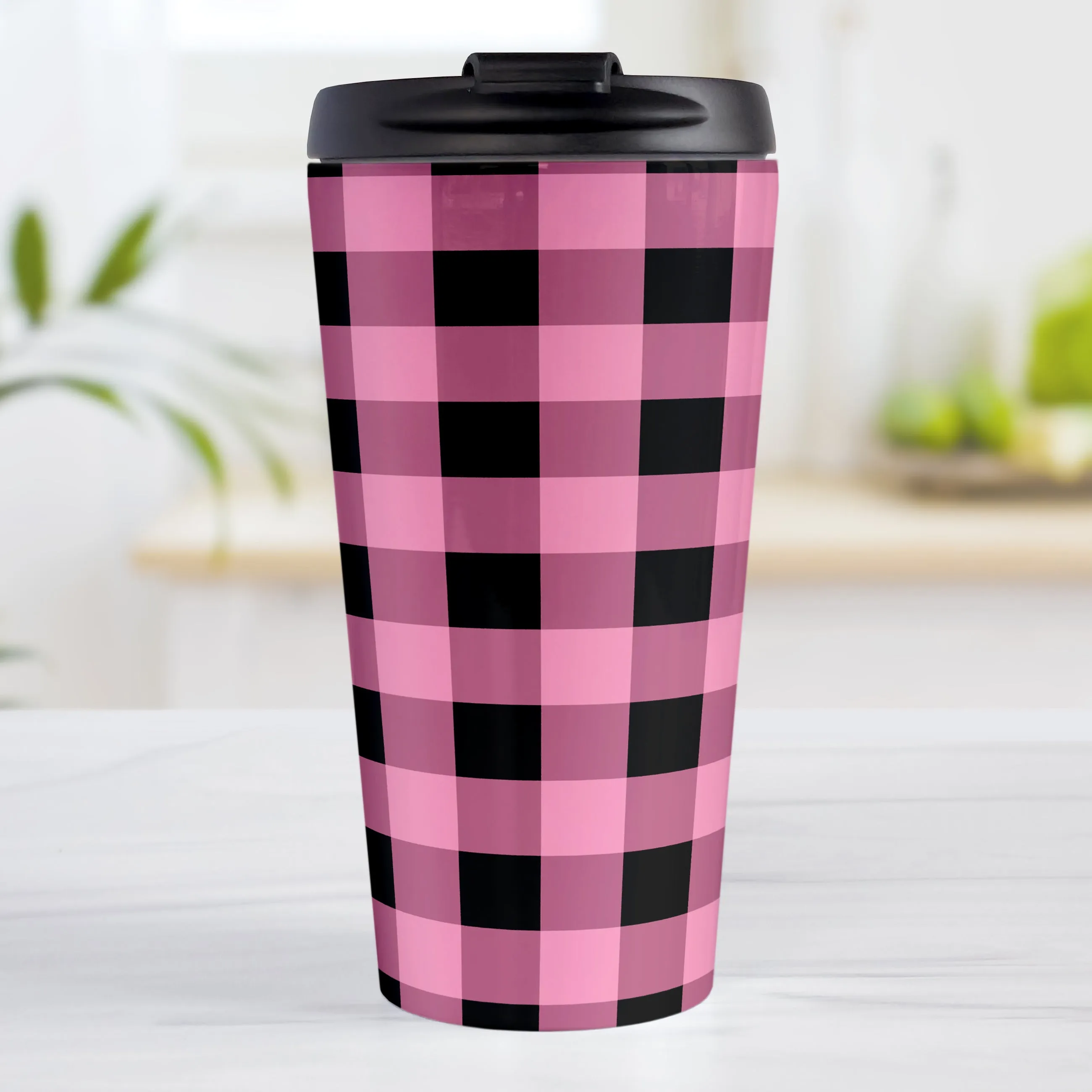 Light Pink and Black Buffalo Plaid Travel Mug