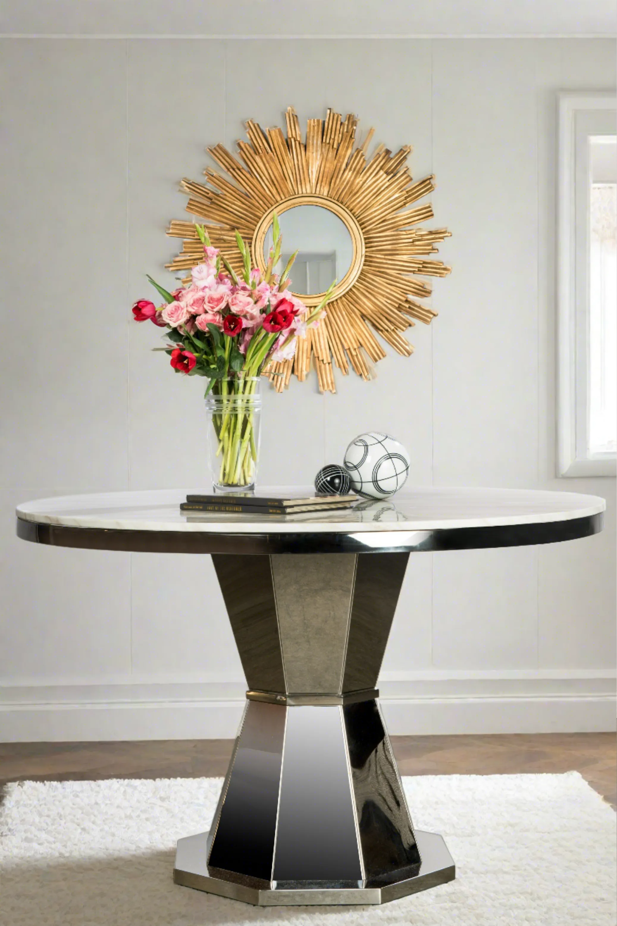 Lolin  White Marble Top Chrome Dining Table