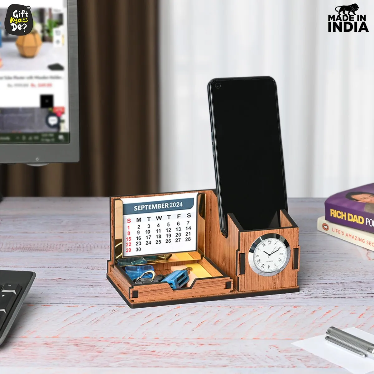 Mini Desk Organizer with Clock & Calendar 2025 | Desk Calendar | Desk Accessories