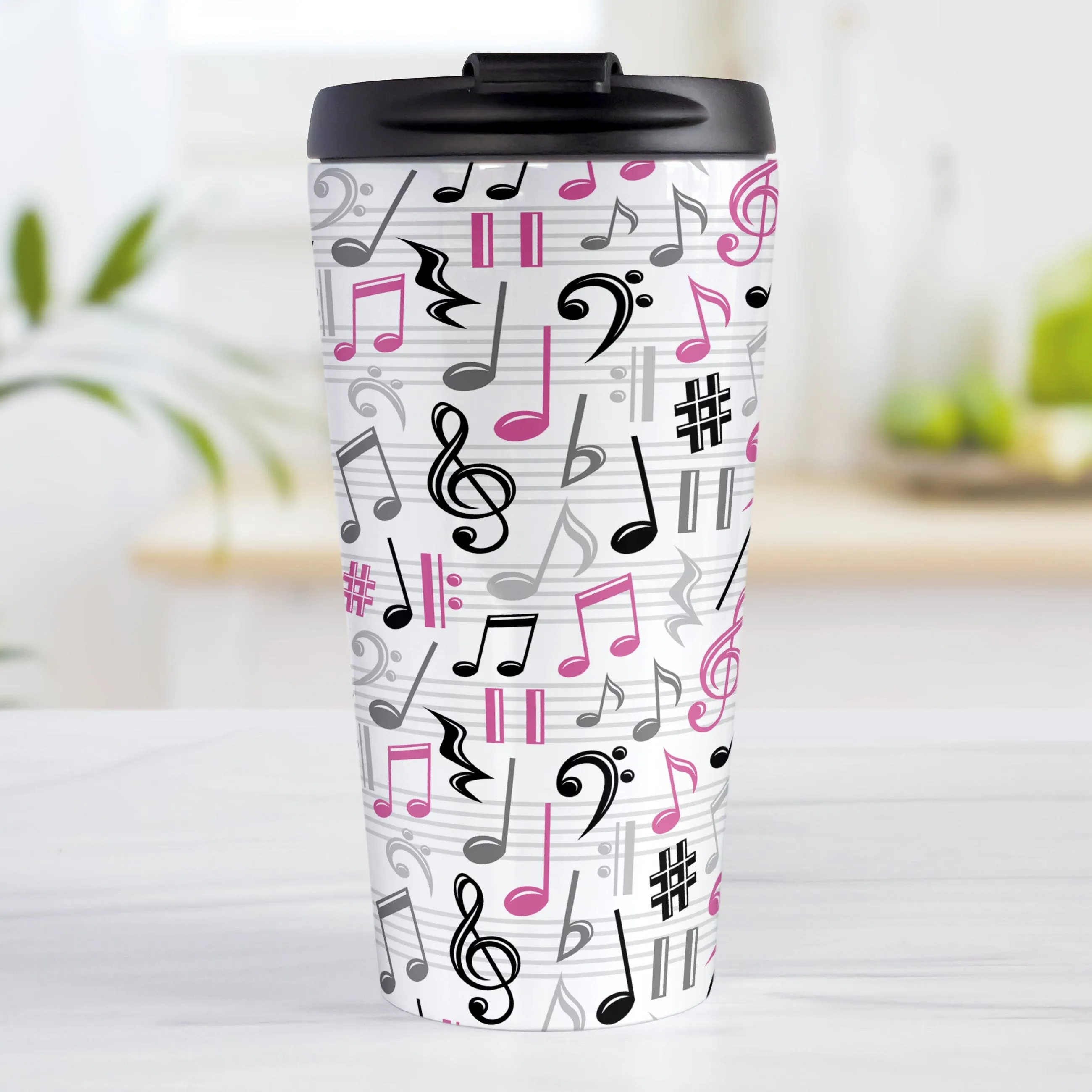 Pink Music Notes Pattern Travel Mug