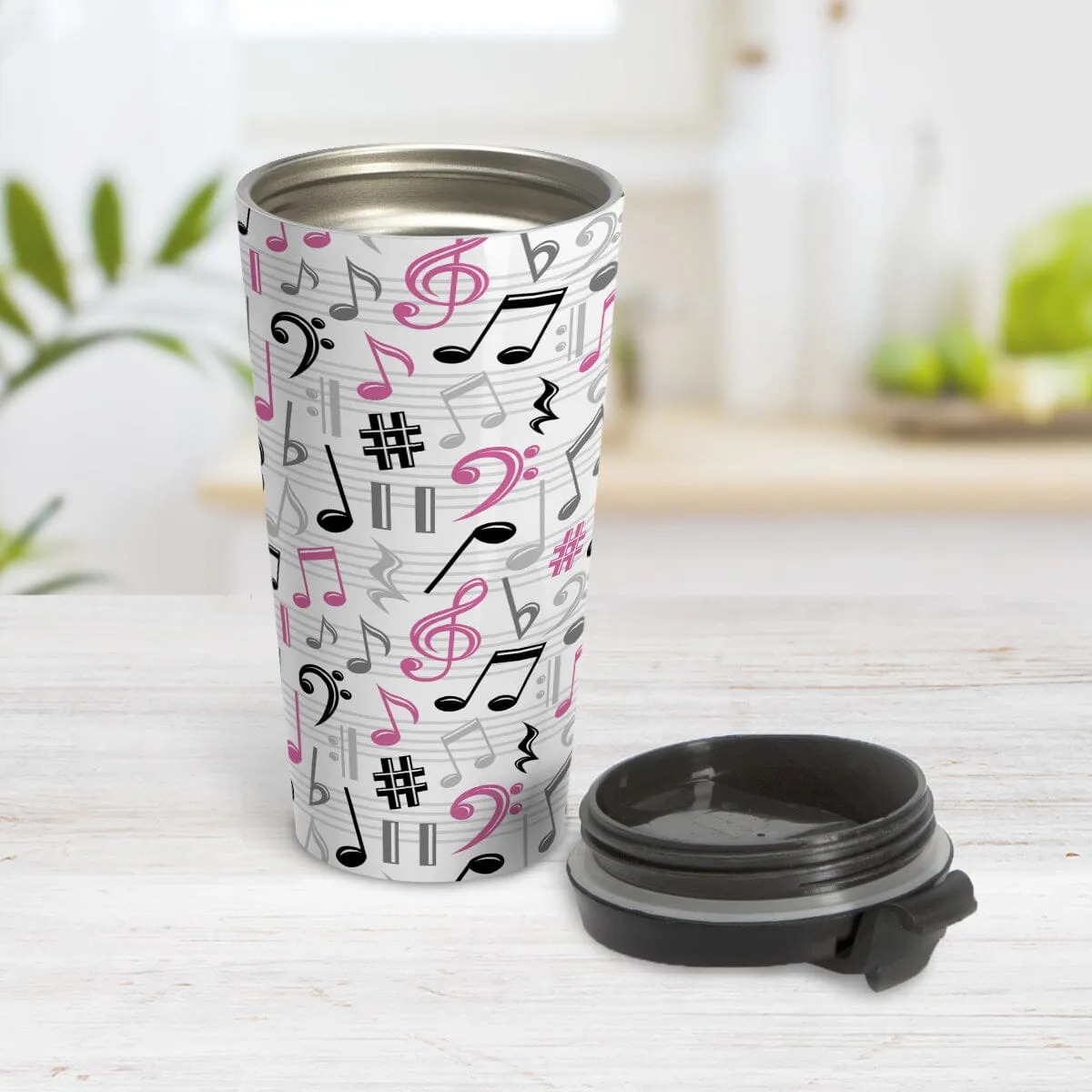 Pink Music Notes Pattern Travel Mug