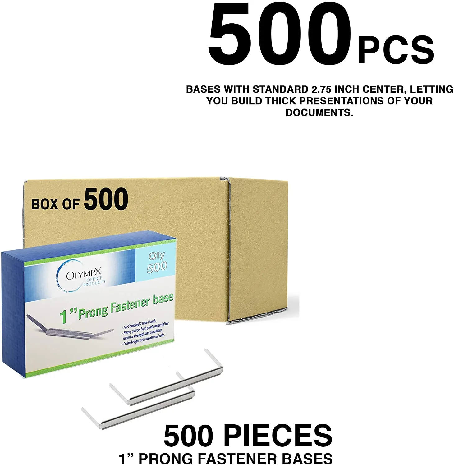 Premium Metal Prong Paper Fastener 2.75 Inch Bases  (500 Per Pack) by Olympx