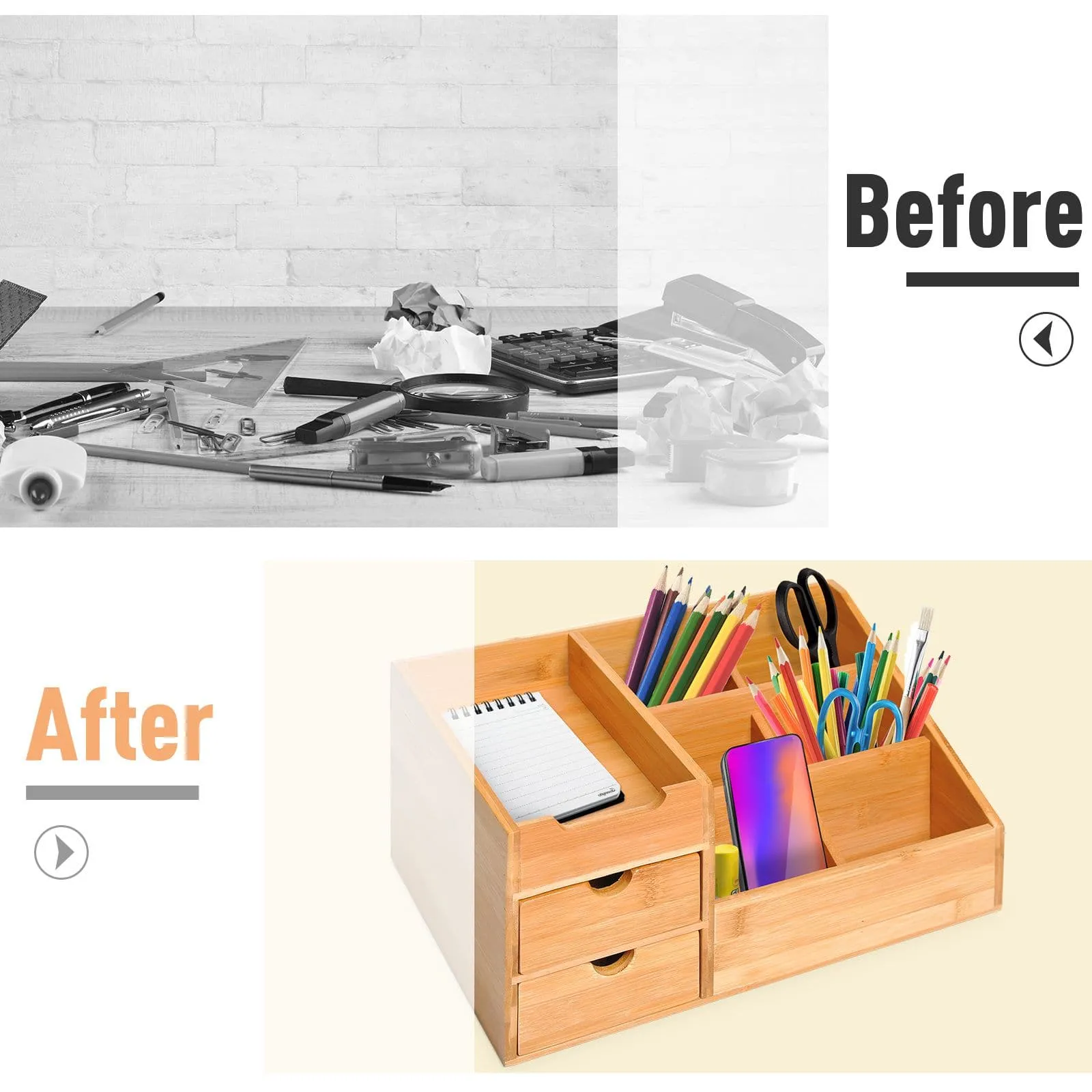 ProperAV Extra Multi-Function Storage Organiser with 7 Storage Compartments & 2 Drawers - Bamboo
